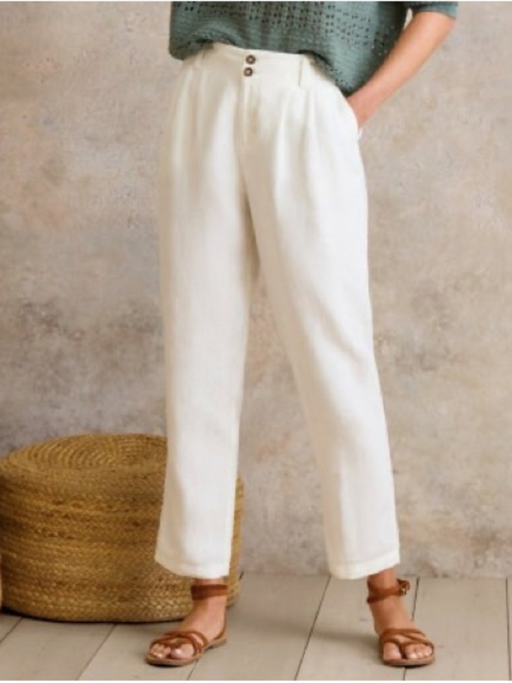 Garnet Hill Straight Leg Linen Trouser High Waist Pleat Front Pant White 12